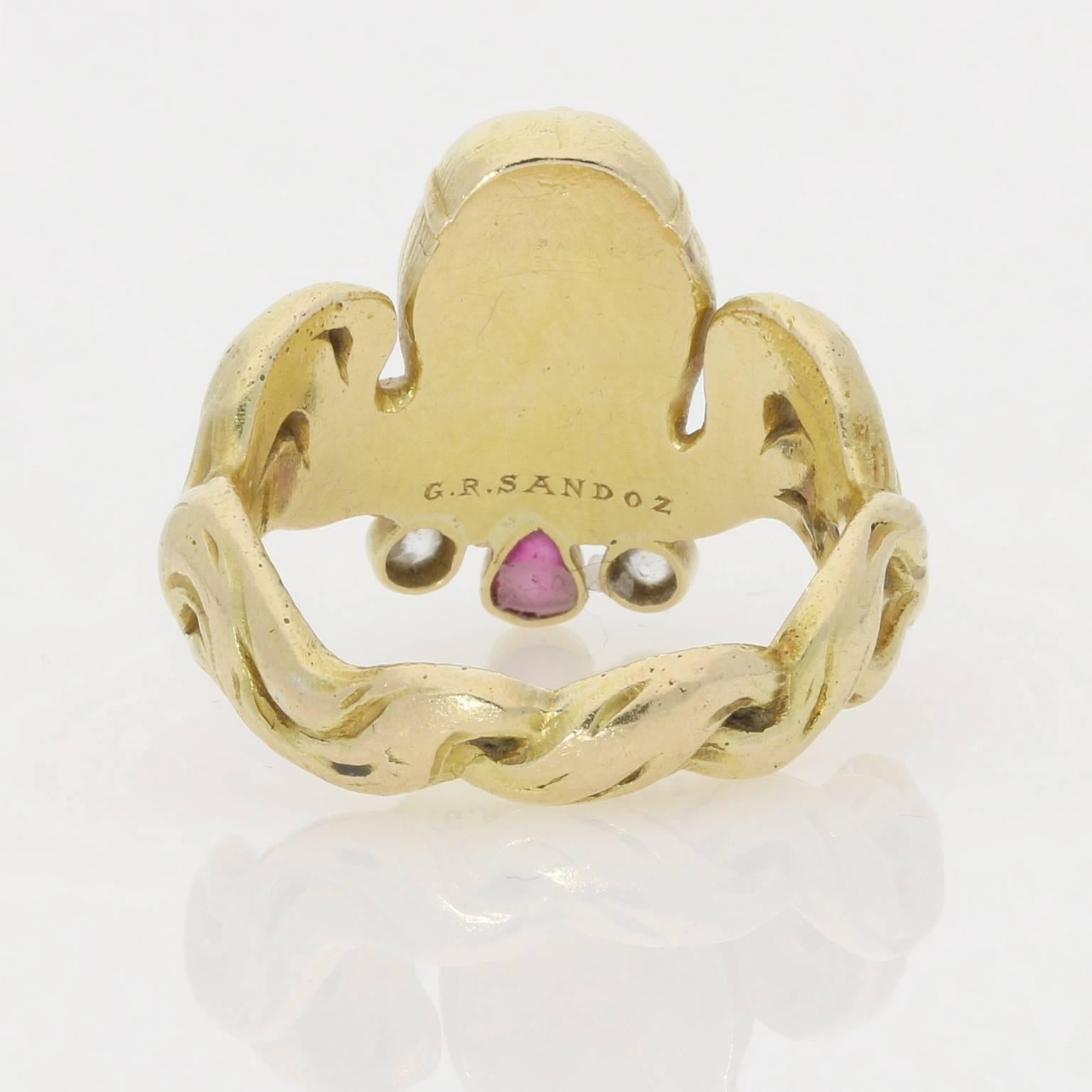 Women's or Men's Art Nouveau Gold, Ruby And Diamond Ring By Sandoz, c.1900