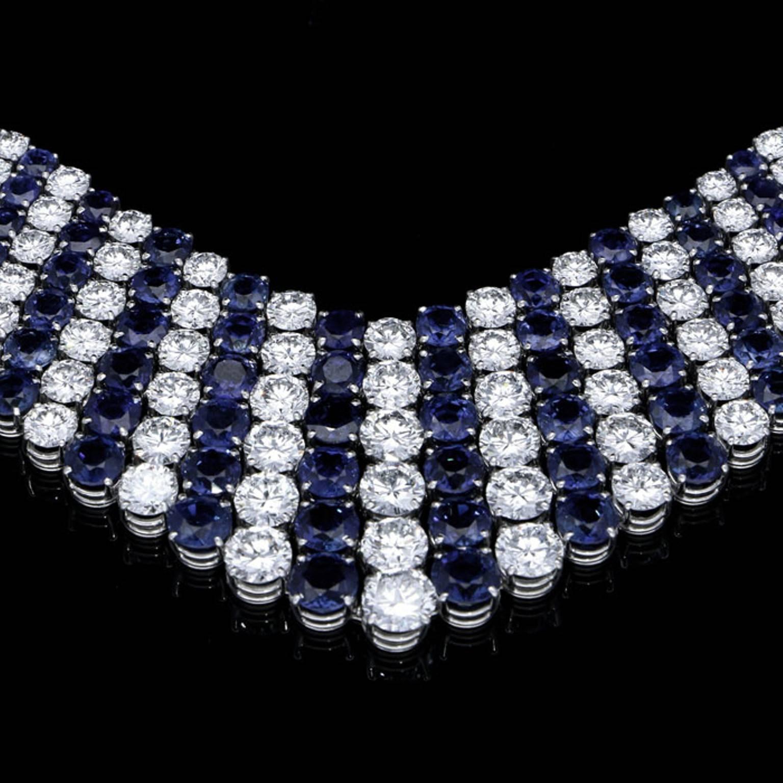 Women's or Men's 1960s Van Cleef & Arpels Magnificent Sapphire Diamond Platinum Stripe Necklace