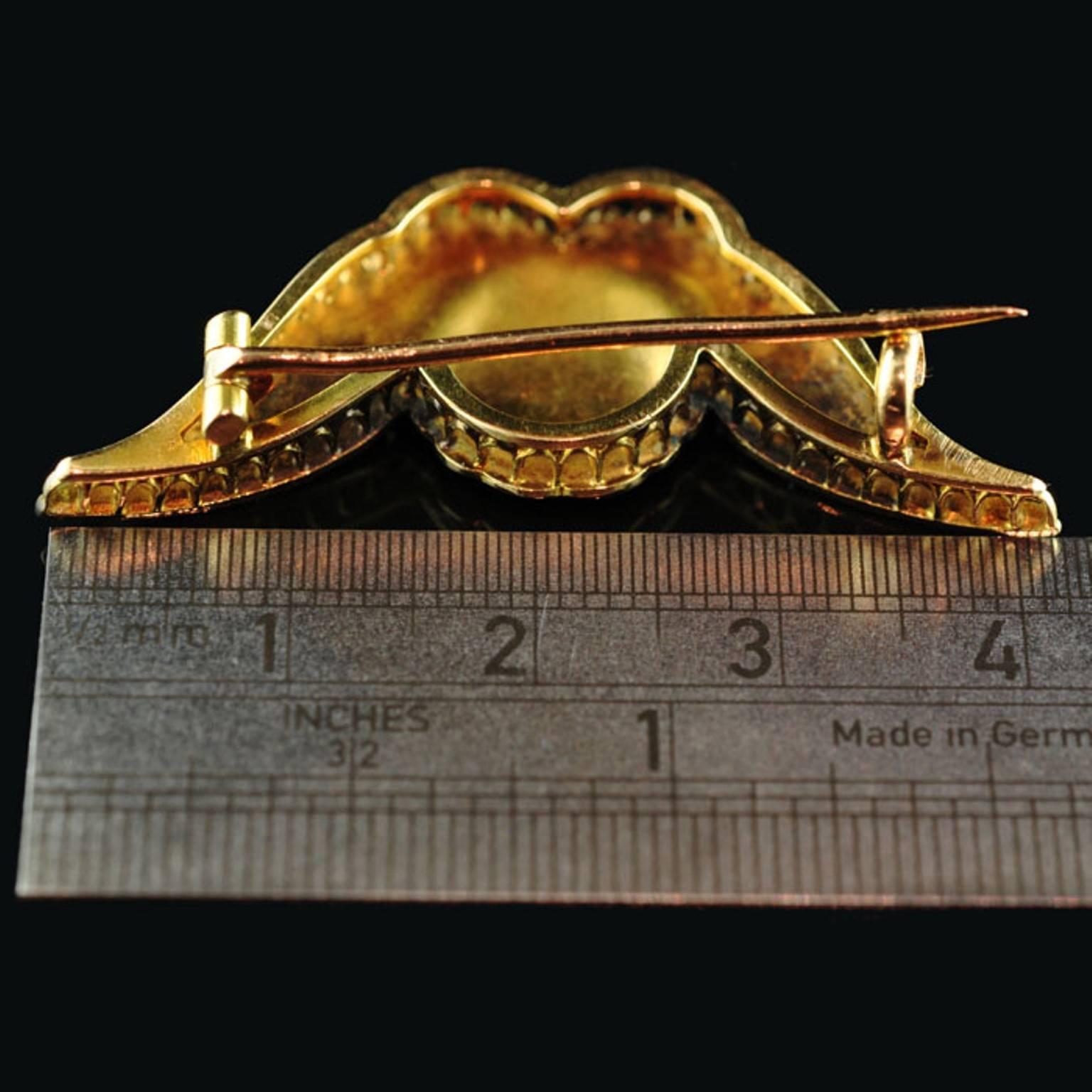 Women's or Men's 1885 Victorian Enamel Rose Diamond Gold Winged Cherub Brooch 