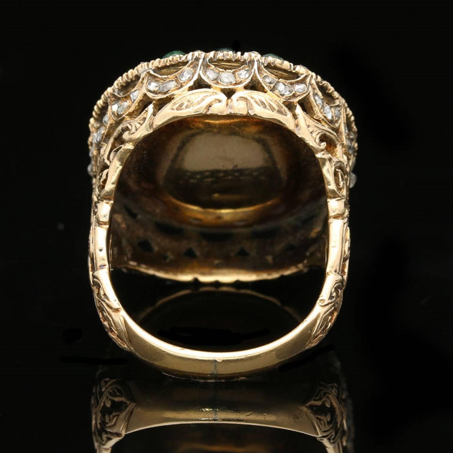 Women's or Men's 1890s Ottoman Emerald Cabochon Rose Cut Diamond Gold Platinum Ring
