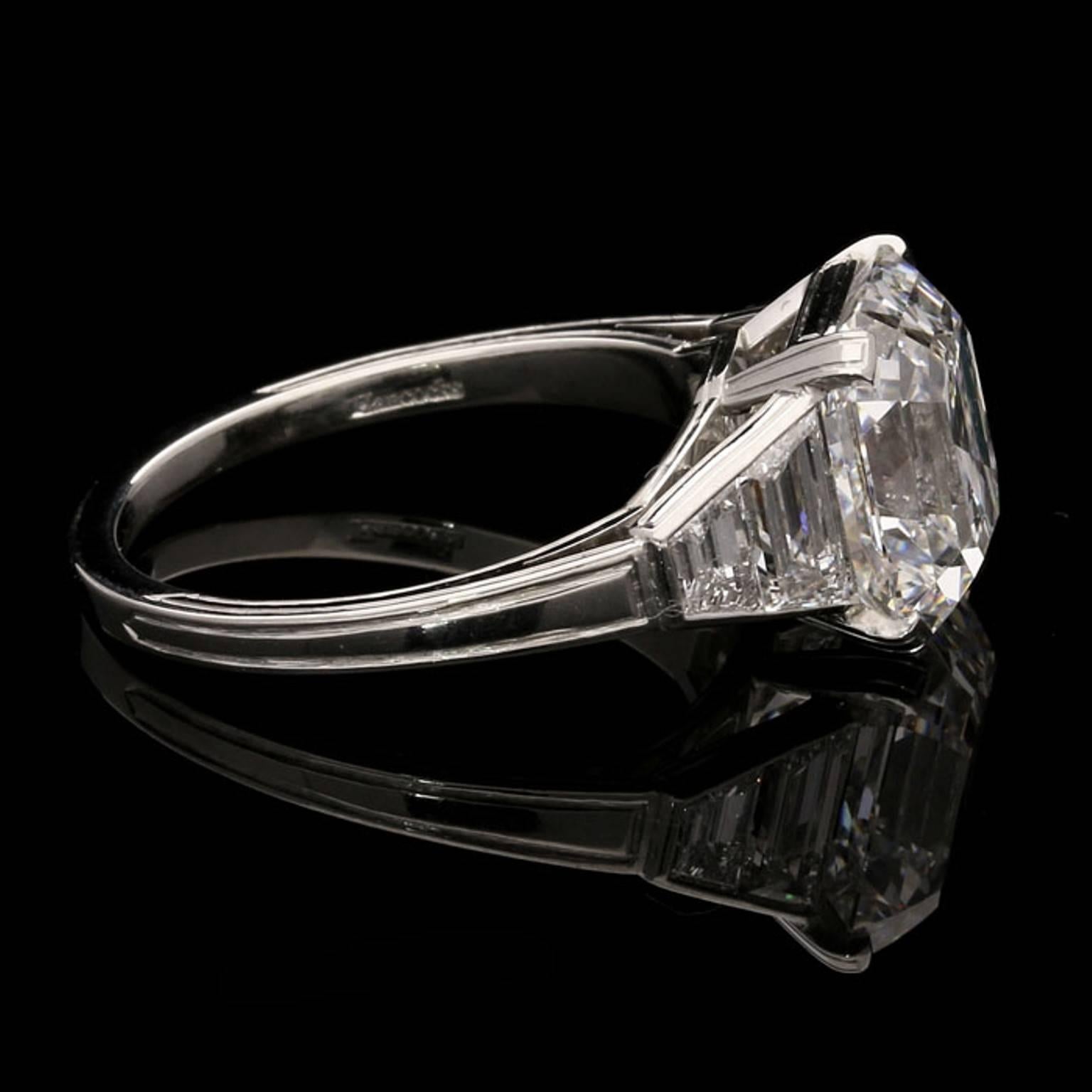 Women's Hancocks 4.21 Carat GIA Certified Old Mine Emerald Cut Diamond Engagement Ring