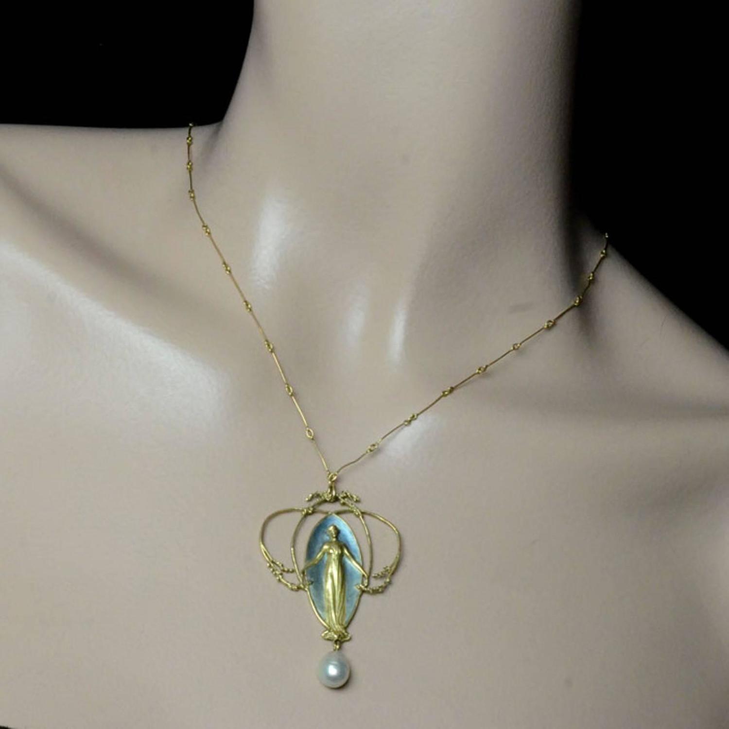 Important Rene Lalique Art Nouveau Enamel Gold Pearl Pendant For Sale