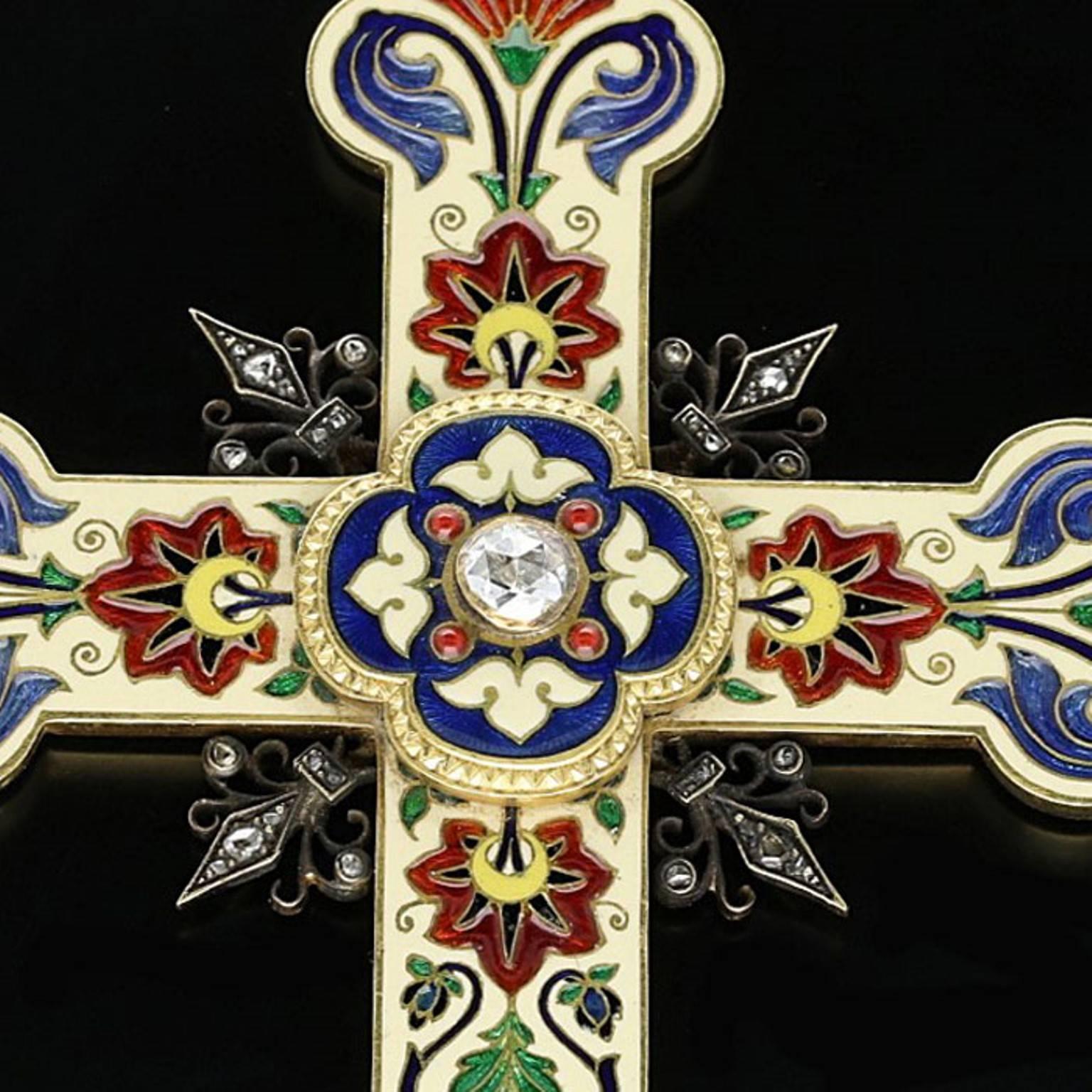 Auffällige polychrome Emaille  Gold-Kreuz-Anhänger um 1880 im Zustand „Gut“ in London, GB