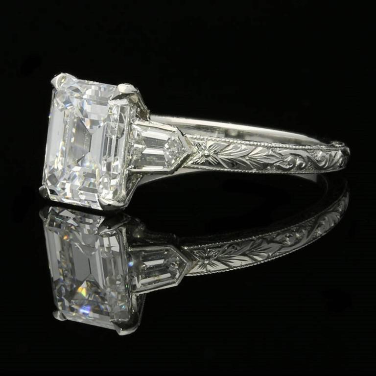 2.02ct D VS2 Emerald Cut Diamond Solitaire Bullet Diamond Shoulder Ring