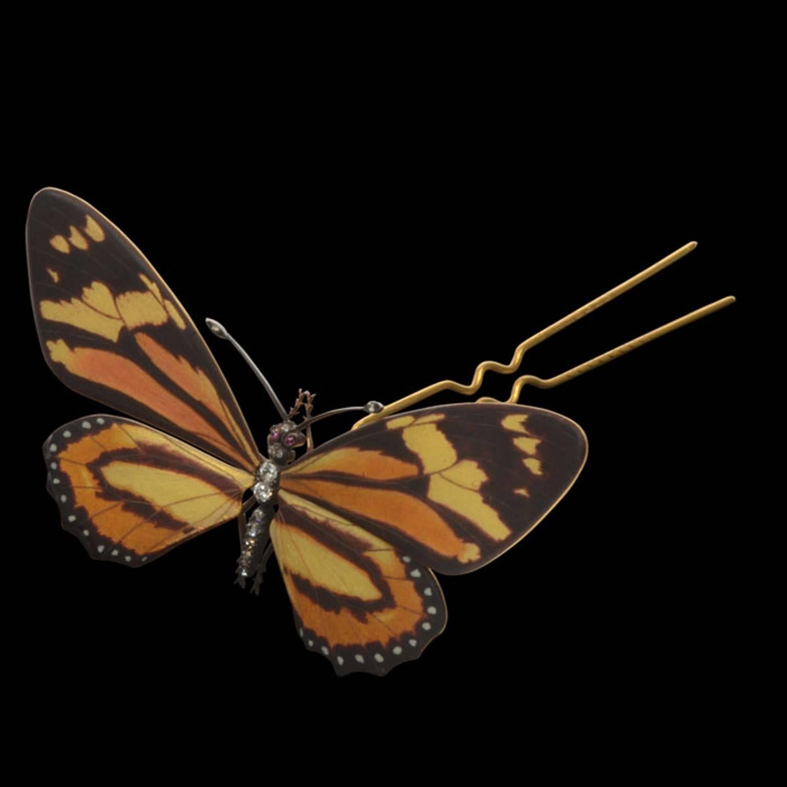 Renè Lalique Important Enamel Butterfly Brooch Hairpiece  In Good Condition In London, GB