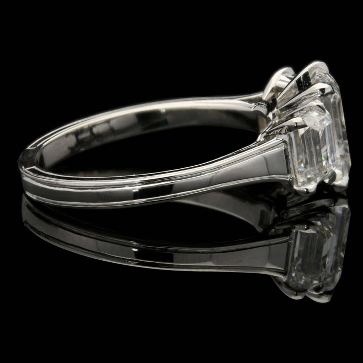 Contemporary An Elegant 3.63 Carat Three Stone Step-Cut Diamond And Platinum Ring By Hancocks