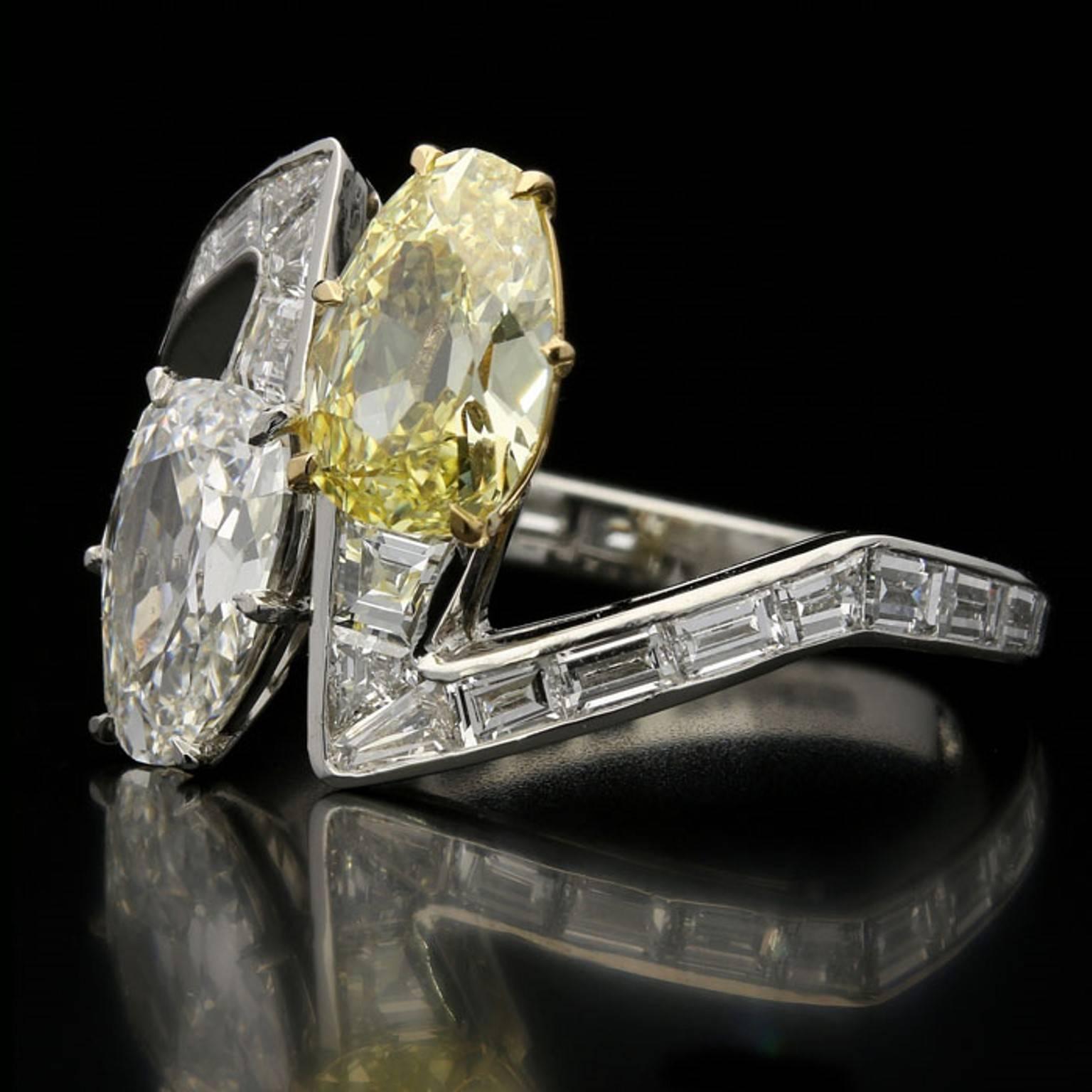 Contemporary Hancocks Stylish Old Cut Yellow  White Pear Shaped Diamond Crossover Ring 