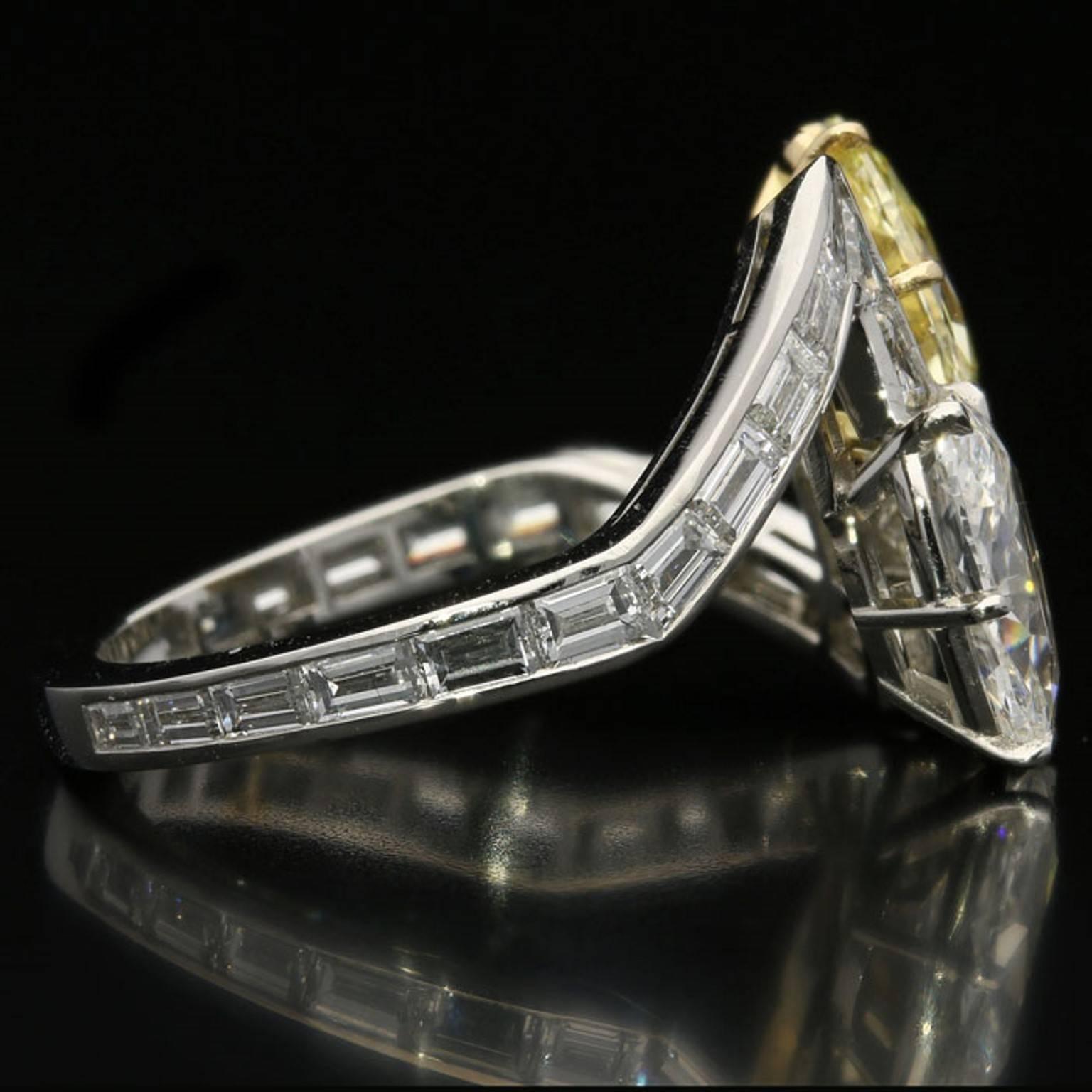 Hancocks Stylish Old Cut Yellow  White Pear Shaped Diamond Crossover Ring  In New Condition In London, GB