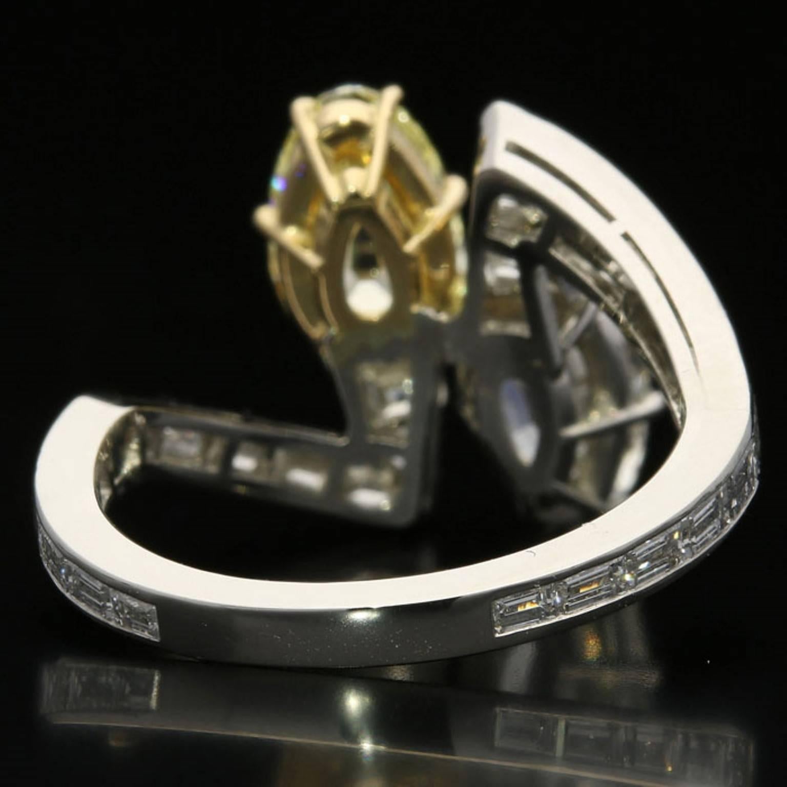 Women's or Men's Hancocks Stylish Old Cut Yellow  White Pear Shaped Diamond Crossover Ring 