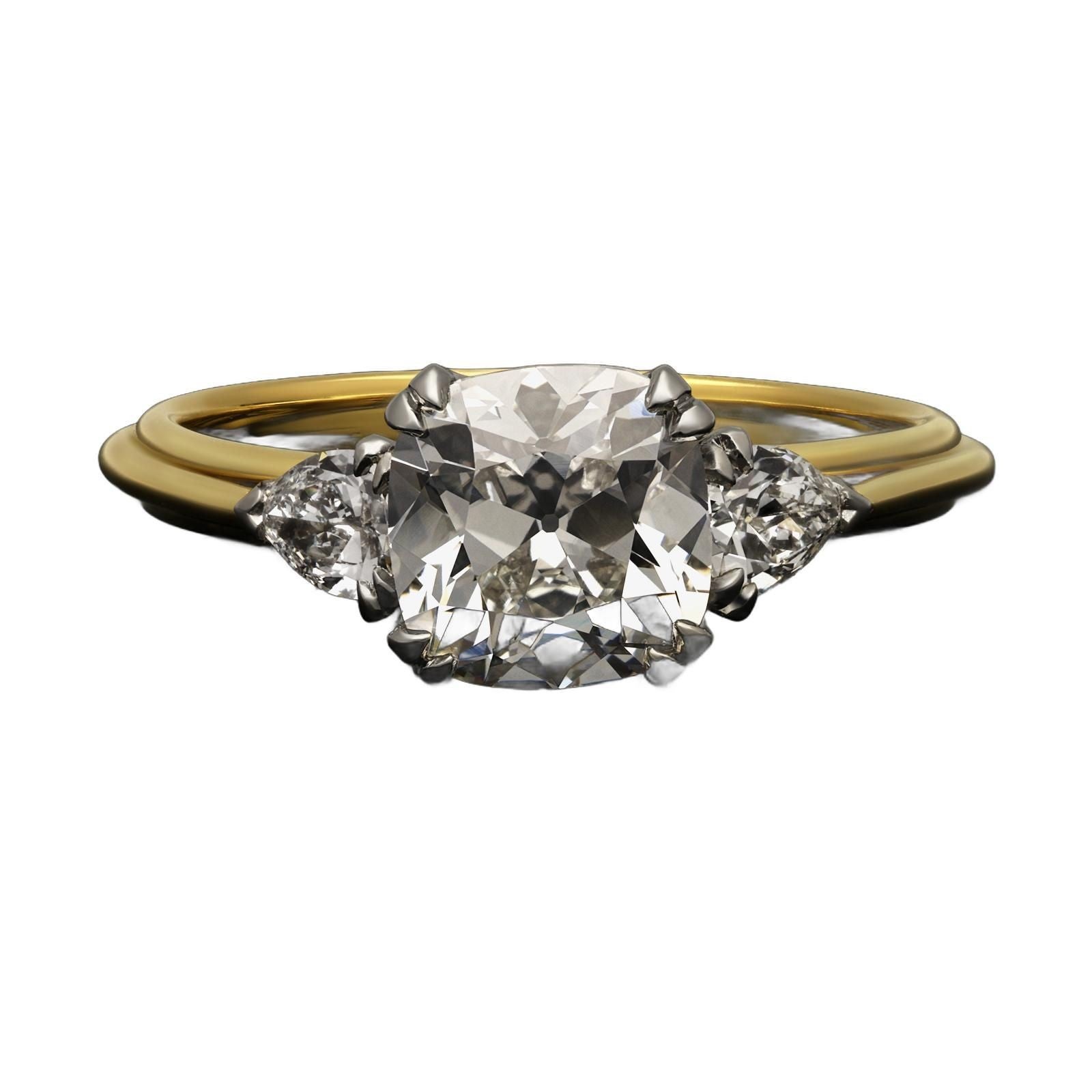 Hancocks 1,65 Karat Diamantring aus 18 Karat Gelbgold mit altem Minenschliff und Diamant im Kissenschliff