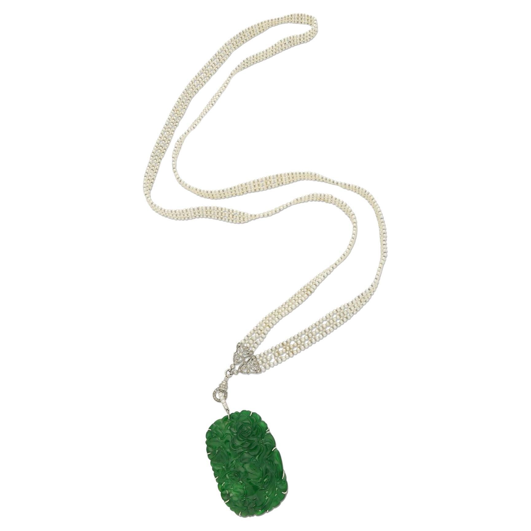 Collana Art Déco in giadeite, perle naturali e diamanti Sautoir in vendita
