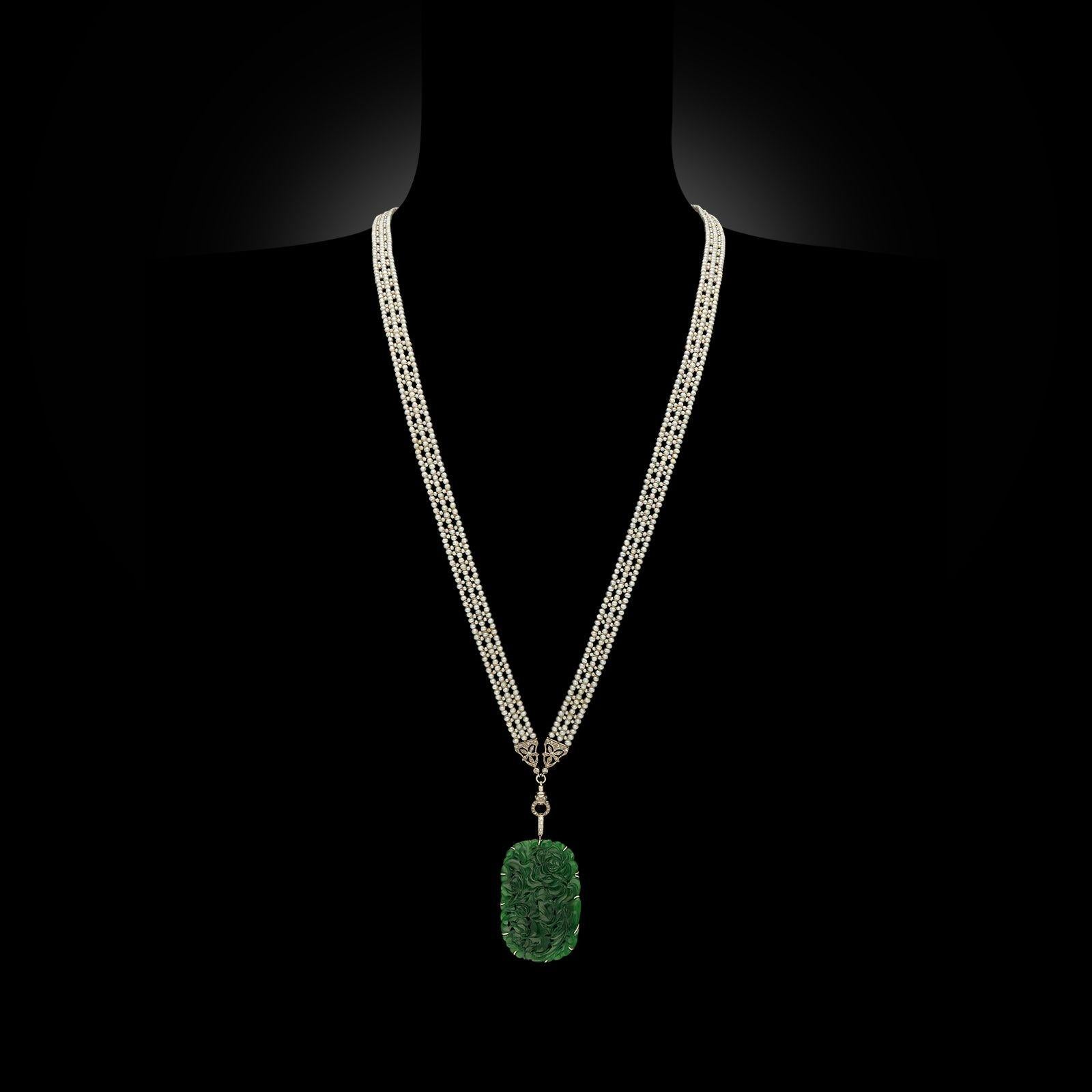 Collana Art Déco in giadeite, perle naturali e diamanti Sautoir In condizioni buone in vendita a London, GB
