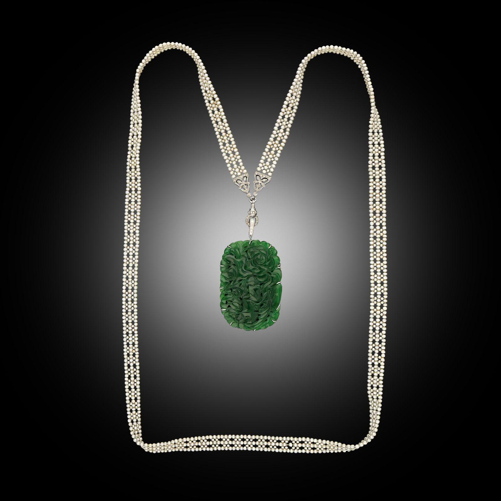 da uomo o donna Collana Art Déco in giadeite, perle naturali e diamanti Sautoir in vendita