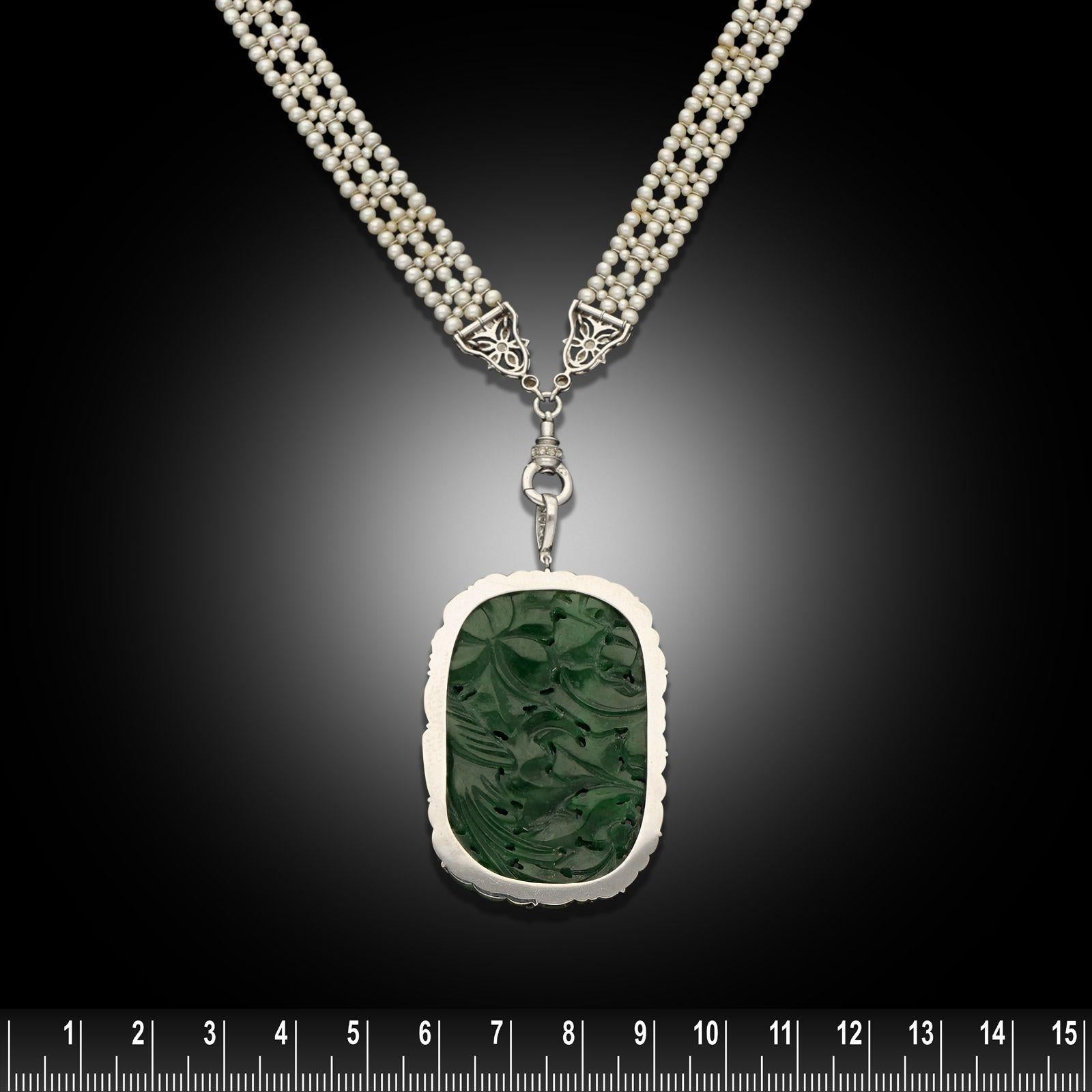 Collana Art Déco in giadeite, perle naturali e diamanti Sautoir in vendita 1