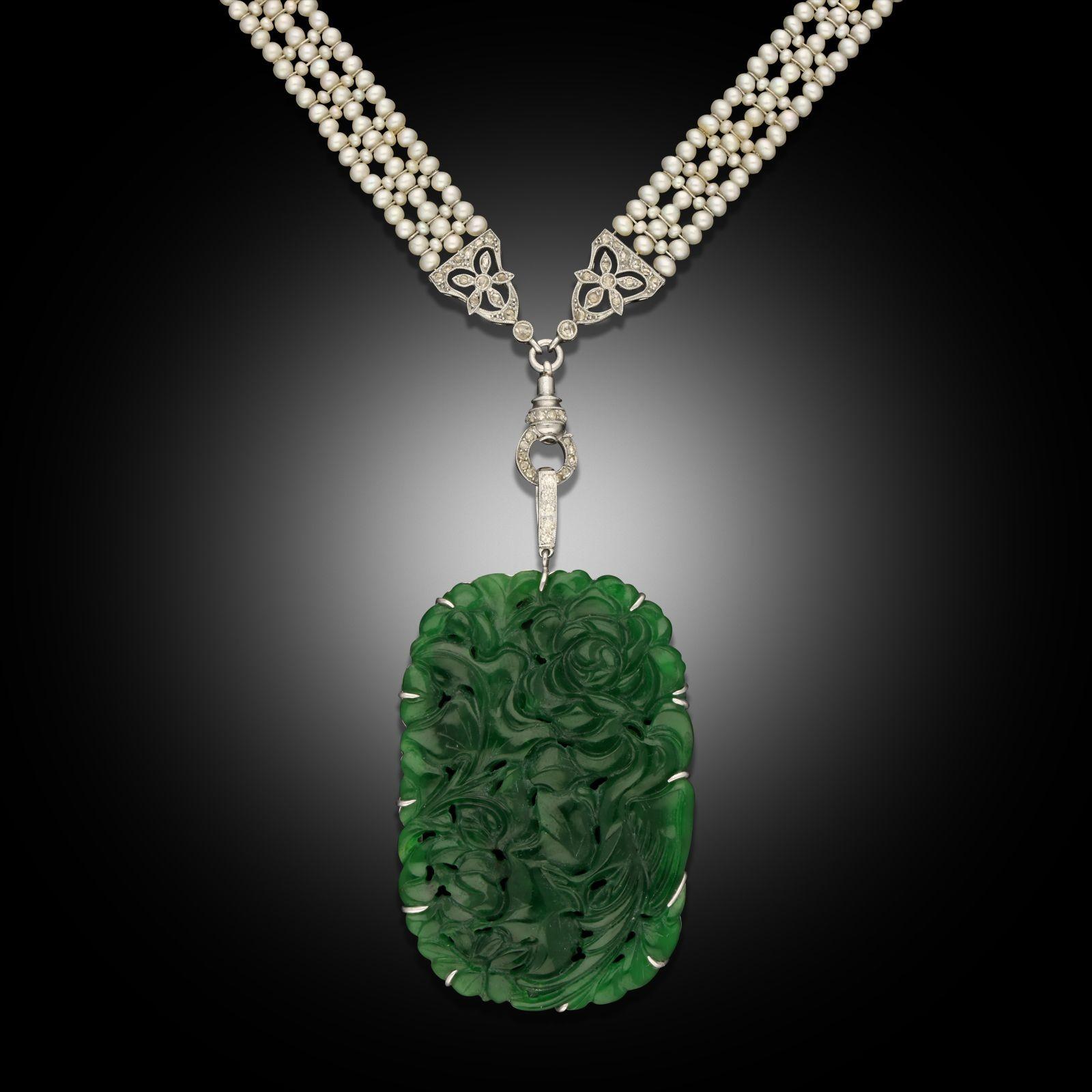 Collana Art Déco in giadeite, perle naturali e diamanti Sautoir in vendita 2