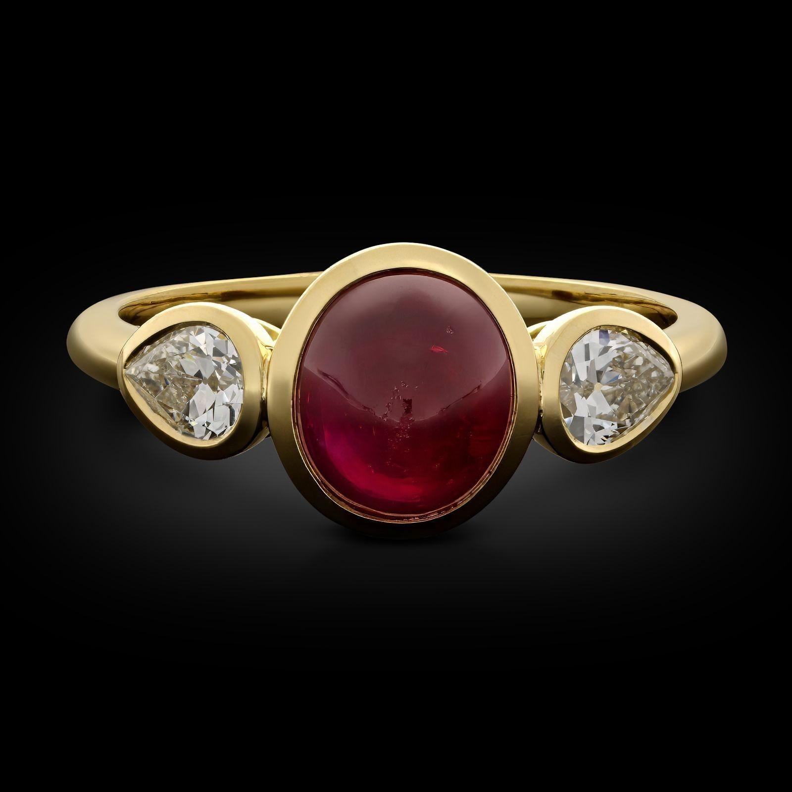 Créateur :
Hancocks
Résumé :
Bague en or jaune 18ct avec rubis de Birmanie et diamants de 2,70ct
Description :
Bague en rubis cabochon et diamants, par Hancocks. La bague artisanale est centrée sur un rubis birman cabochon non chauffé de 2,70ct de
