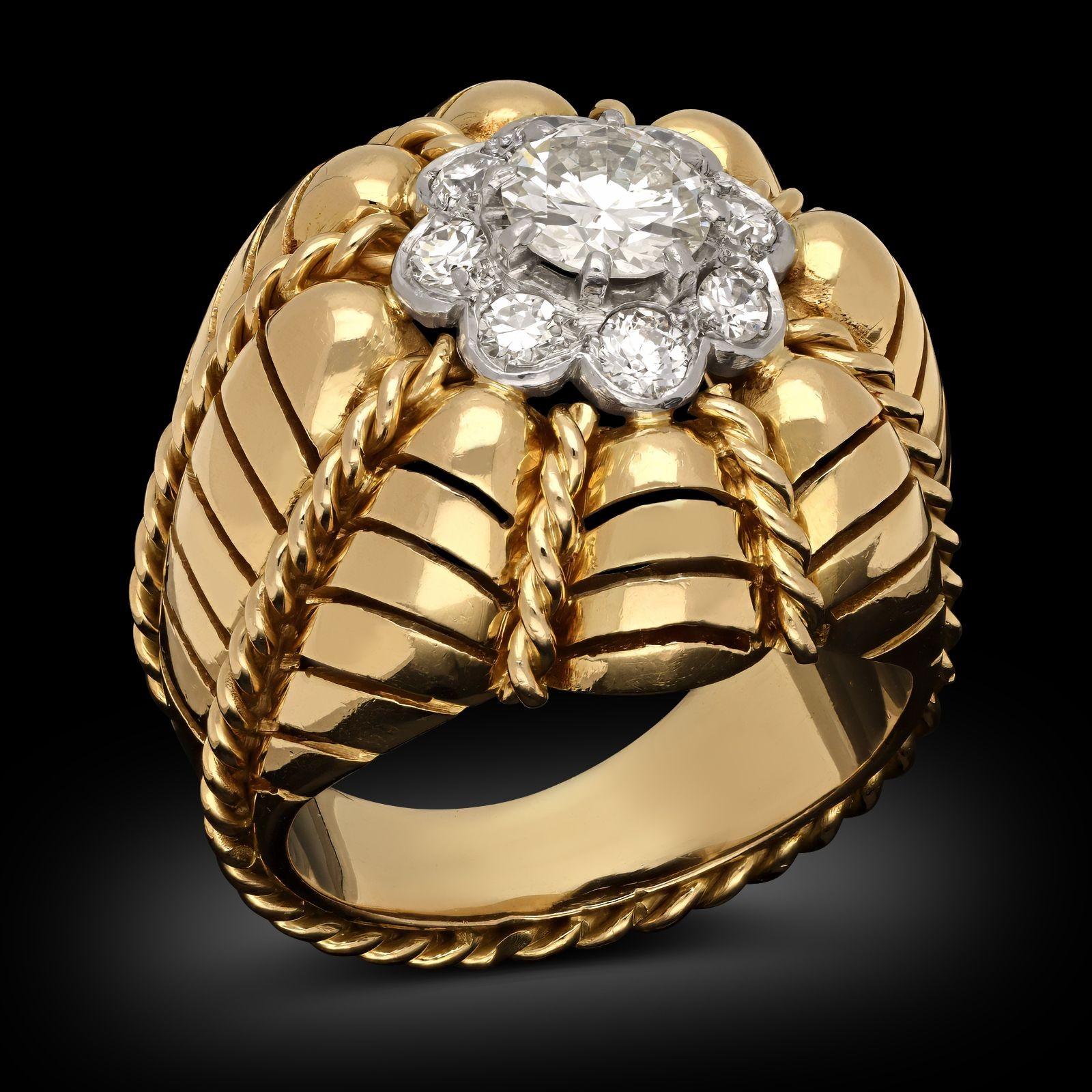 da uomo o donna Anello Bombé d'epoca in oro giallo 18 ct e diamanti, circa 1950
