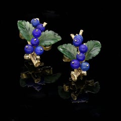 1950s Irmgard Bures Vienna Nephrite Jade Lapis Lazuli Fruiting Branch Gold Earcl