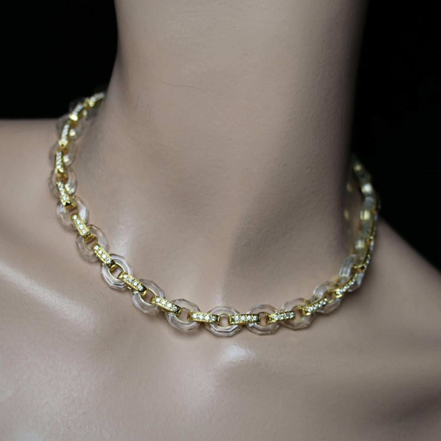 Women's or Men's Poiray Octagonal Rock Crystal Motif Diamond Necklace, circa 1980