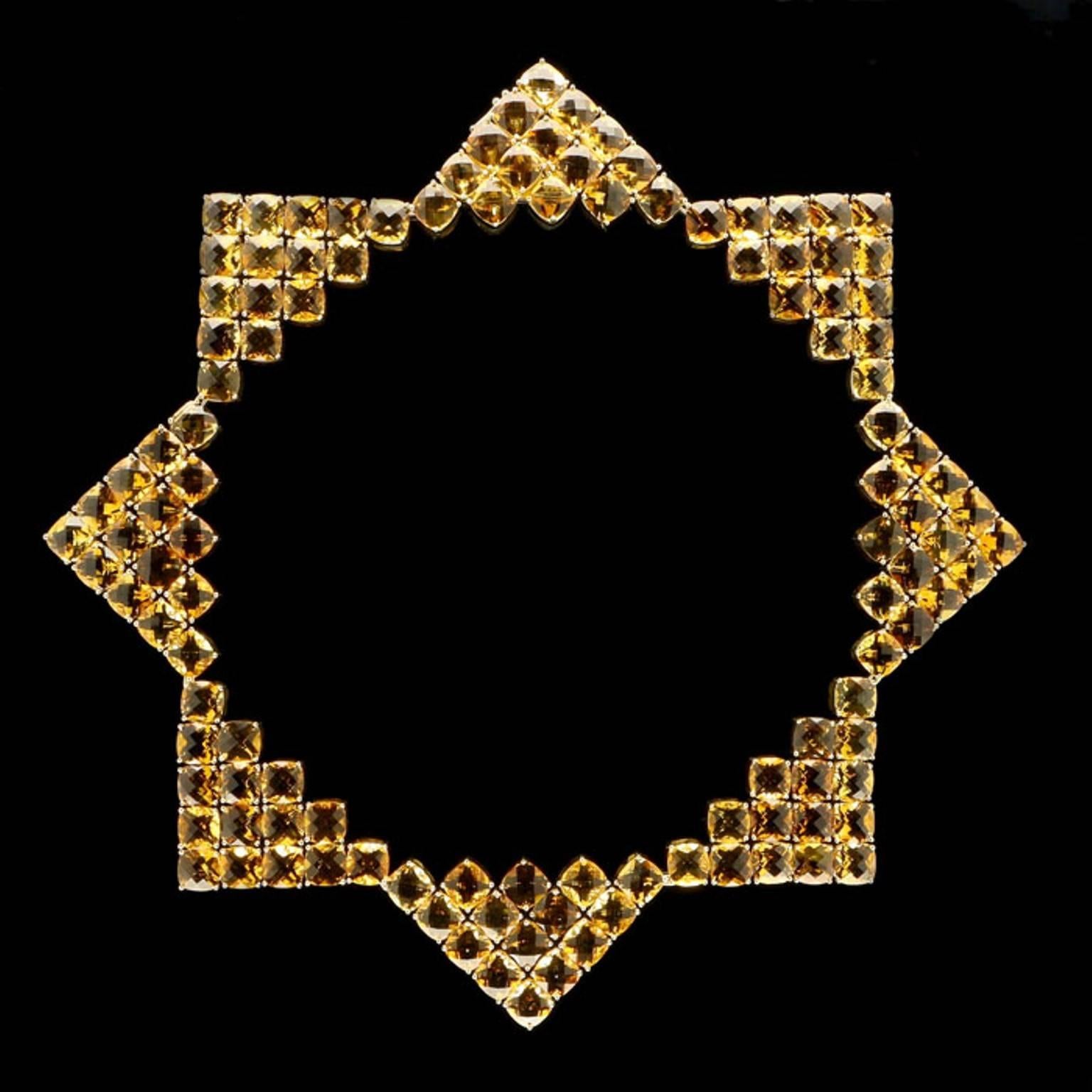 A gold and citrine necklace by Paolo Costagli,
the 18ct gold necklace composed of eight triangular sections each set with fifteen cushion-shaped citrines faceted in a chequerboard design, all in a finely articulated openwork claw setting with