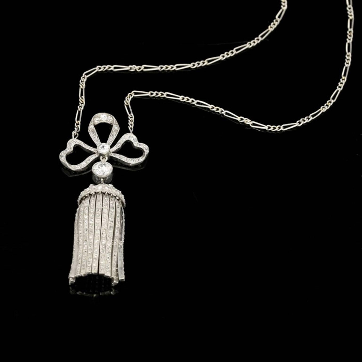 Belle Époque 1905 Diamond Bow Pendant with Articulated Tassel Drop