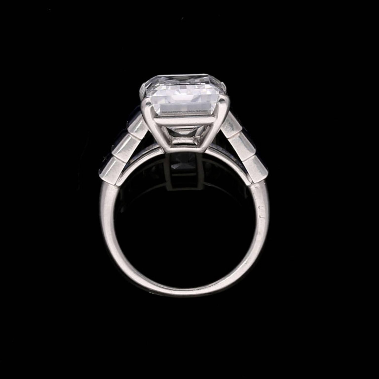 Emerald Cut Art Deco Emerald-Cut 'Golconda' Diamond Ring with Graduated Sapphire Shoulders