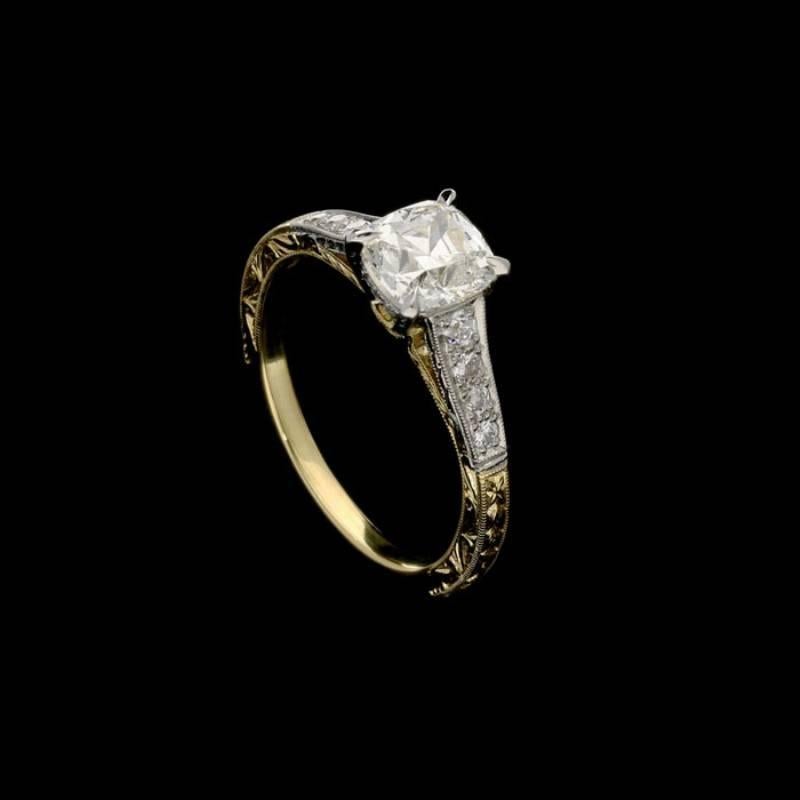 Old Mine Cut Hancocks 1.07 Carat Old Mine Cushion Cut Solitaire Gold and Platinum Ring