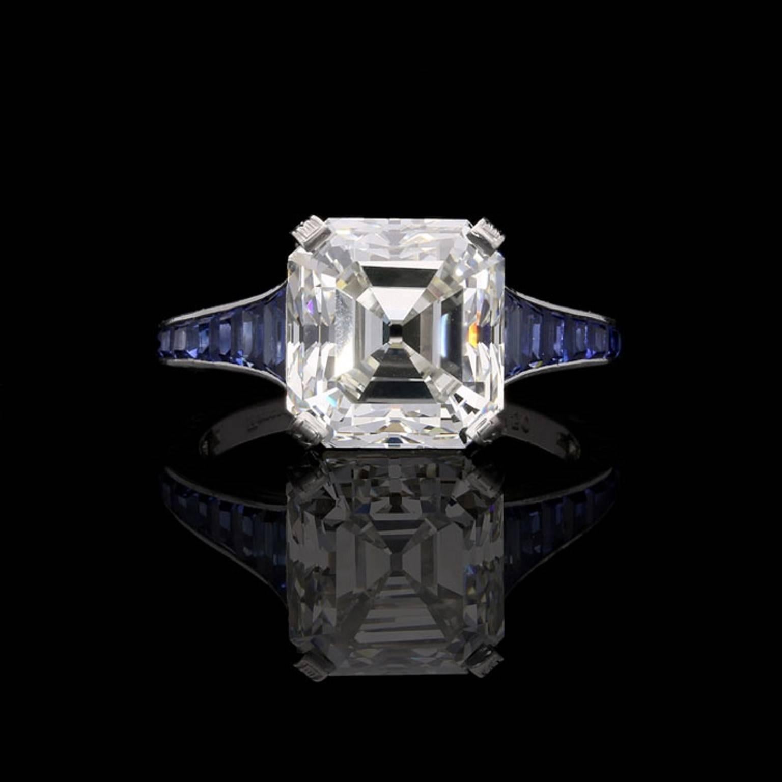 Asscher cut diamond 5.03ct J VVS2 with GIA cert 
UK finger size L 1/2, US size 6.25 Can be adjusted to your own Finger size
4.8 grams

A stunning Asscher-cut diamond ring by Hancocks, set to the centre with a beautiful Asscher diamond weighing 5.03