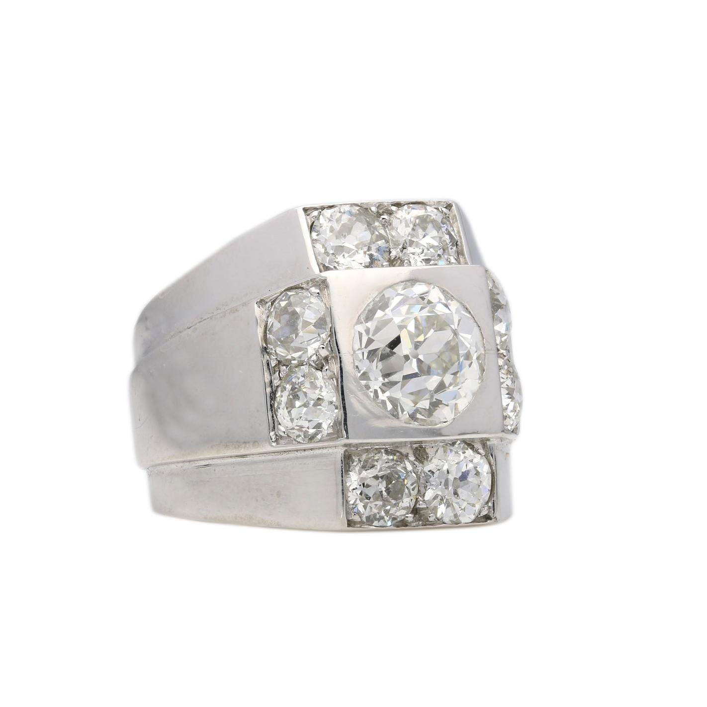 Women's or Men's René Boivin Art Deco Geometric Platinum and Diamond Chevalière Ring