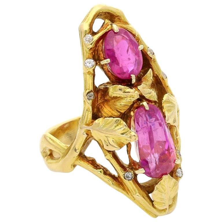 Paul Emile Brandt Gold and Pink Sapphire Ring of Naturalistic Foliate
