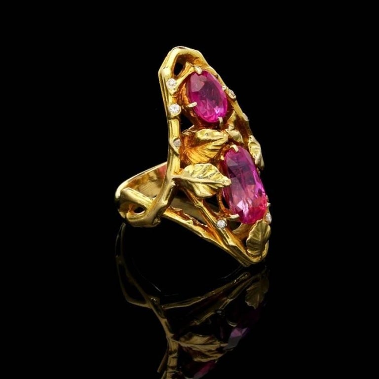 Paul Emile Brandt Gold and Pink Sapphire Ring of Naturalistic Foliate