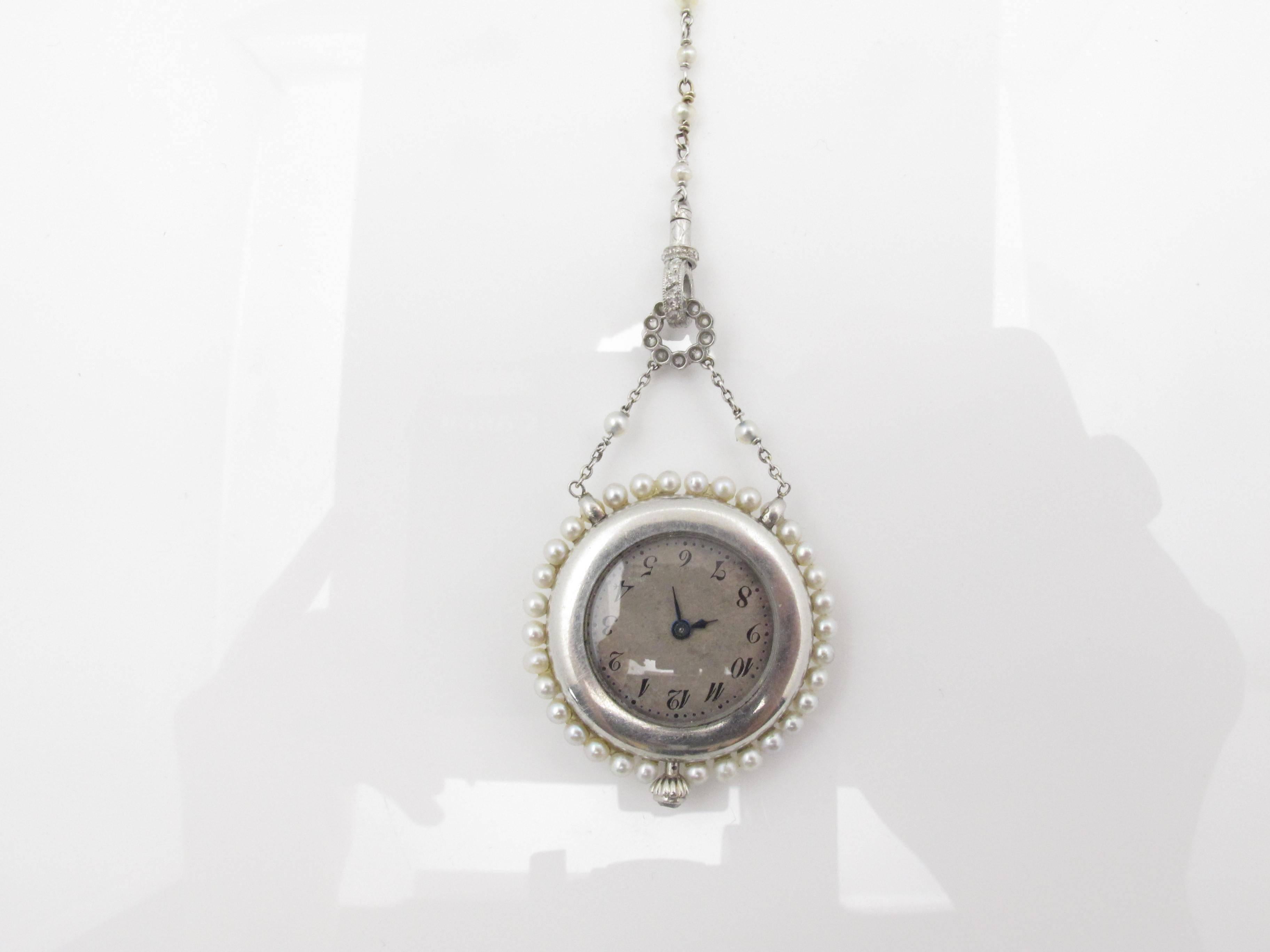 Women's Edwardian Seed Pearl Diamond Platinum Watch Pendant Necklace 