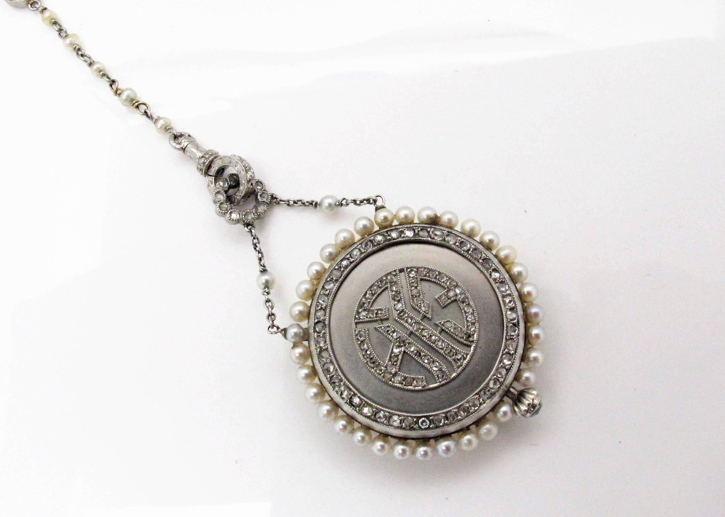 Edwardian Seed Pearl Diamond Platinum Watch Pendant Necklace  In Excellent Condition In Santa Fe, NM