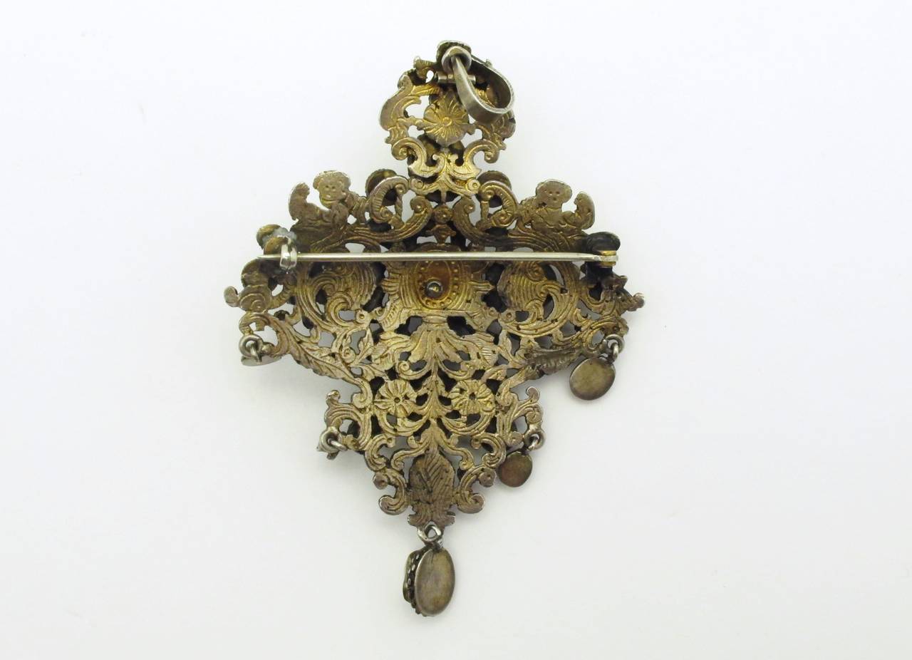 19th Century Austro-Hungarian Enamel Multi Gem Silver Brooch