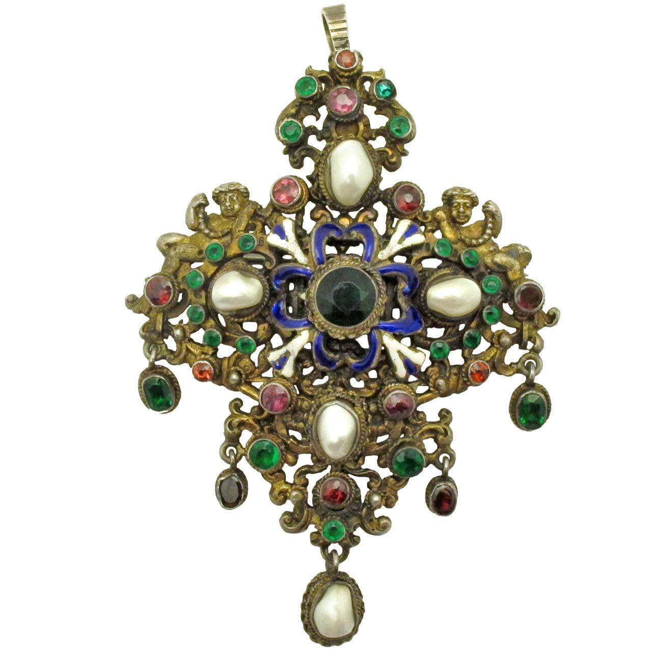 19th Century Austro Hungarian Enamel Multi Gem Silver Brooch For Sale 19th-century-austro-hungarian-enamel-multi-gem-silver-brooch-for-sale