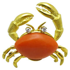 Gold, Diamond and Coral Crab Brooch