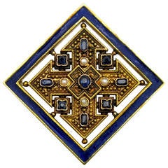 Nicola Marchesini Etruscan Revival Pearl Sapphire Gold Pin