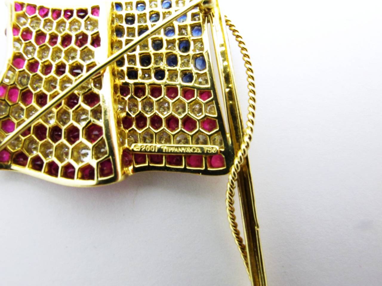 Tiffany & Co. Sapphire Ruby Diamond Gold Flag Brooch In Excellent Condition In Santa Fe, NM