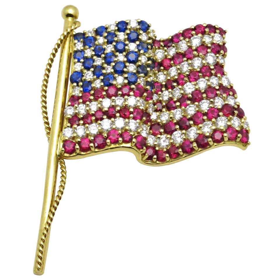 Tiffany & Co. Sapphire Ruby Diamond Gold Flag Brooch