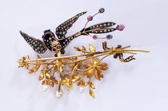 Victorian Diamond, Sapphire, Gold and Silver Bird Foliate Brooch