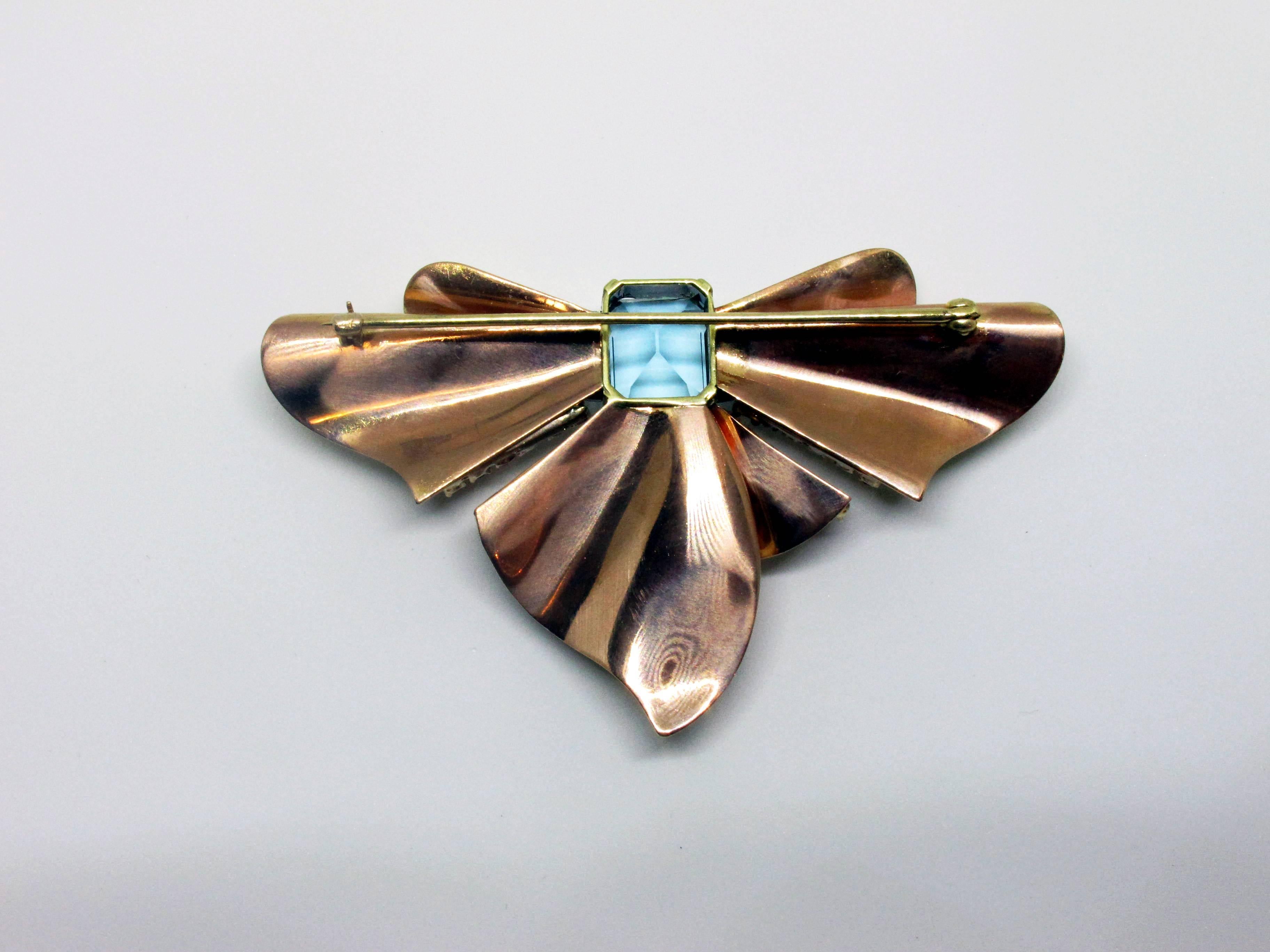 Tiffany & Co. Retro Aquamarine Ruby Diamond Gold Bow Brooch In Excellent Condition For Sale In Santa Fe, NM