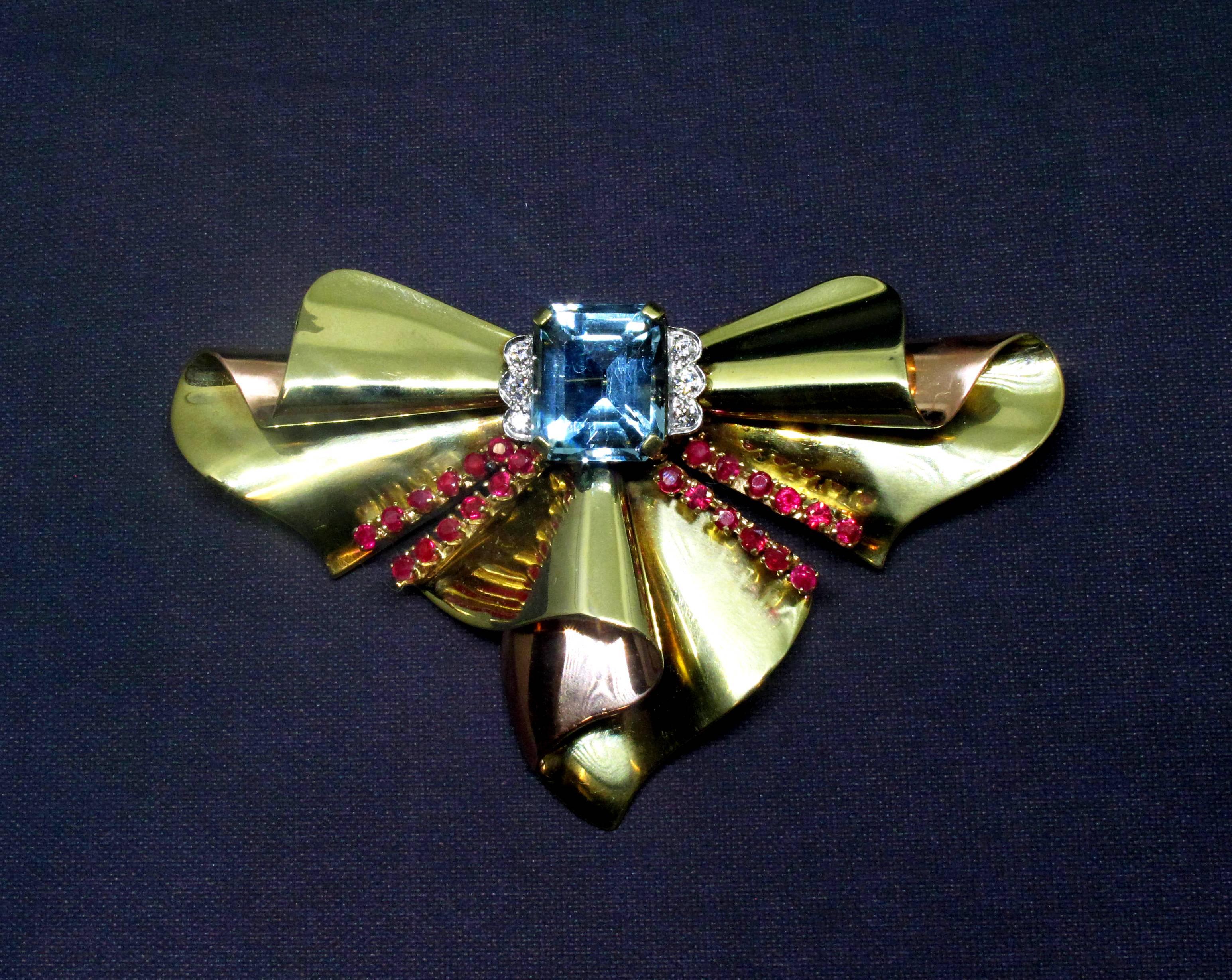 Women's or Men's Tiffany & Co. Retro Aquamarine Ruby Diamond Gold Bow Brooch For Sale