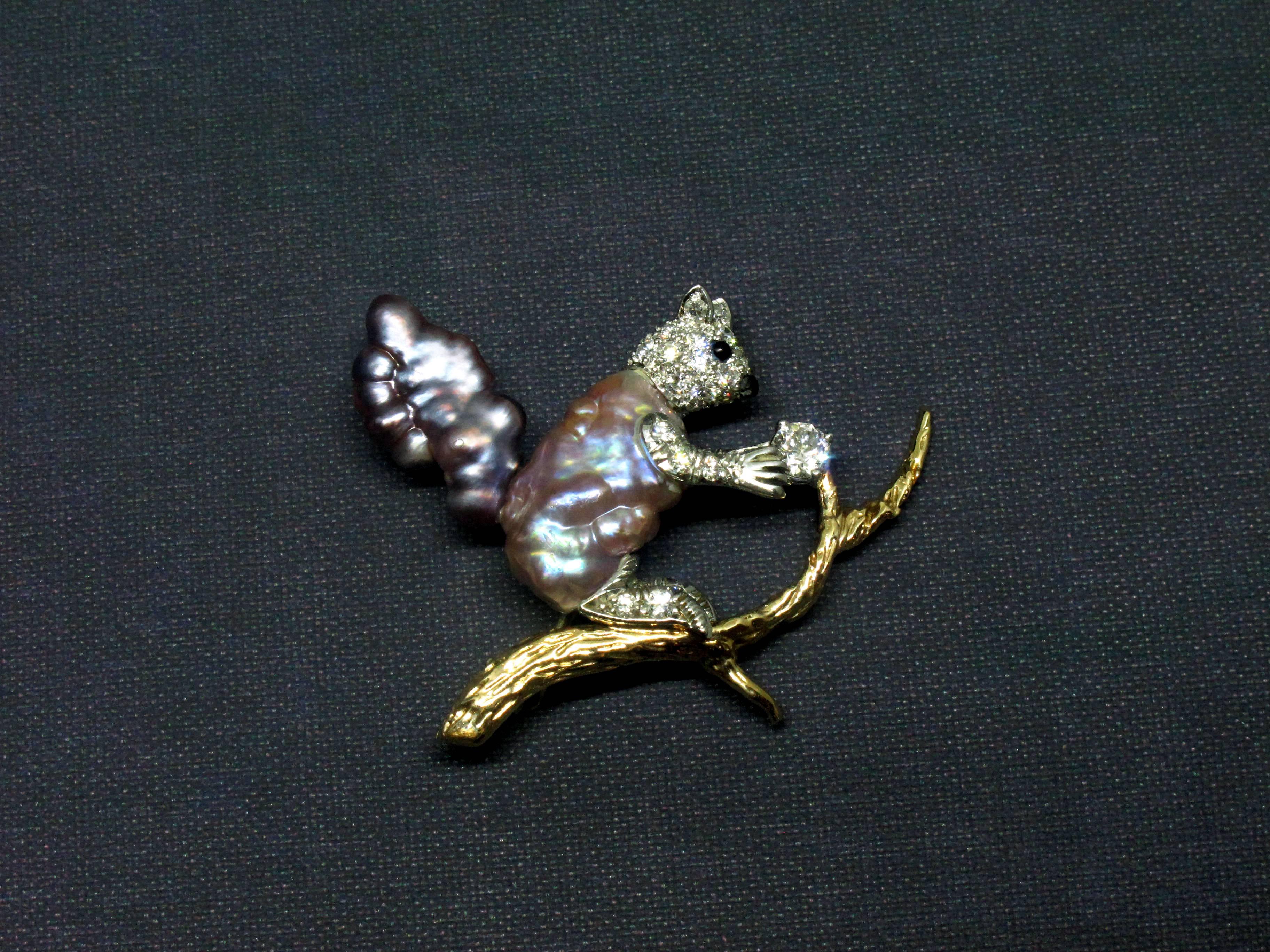 Ruser Pearl Diamond Gold Platinum Squirrel Brooch In Excellent Condition For Sale In Santa Fe, NM