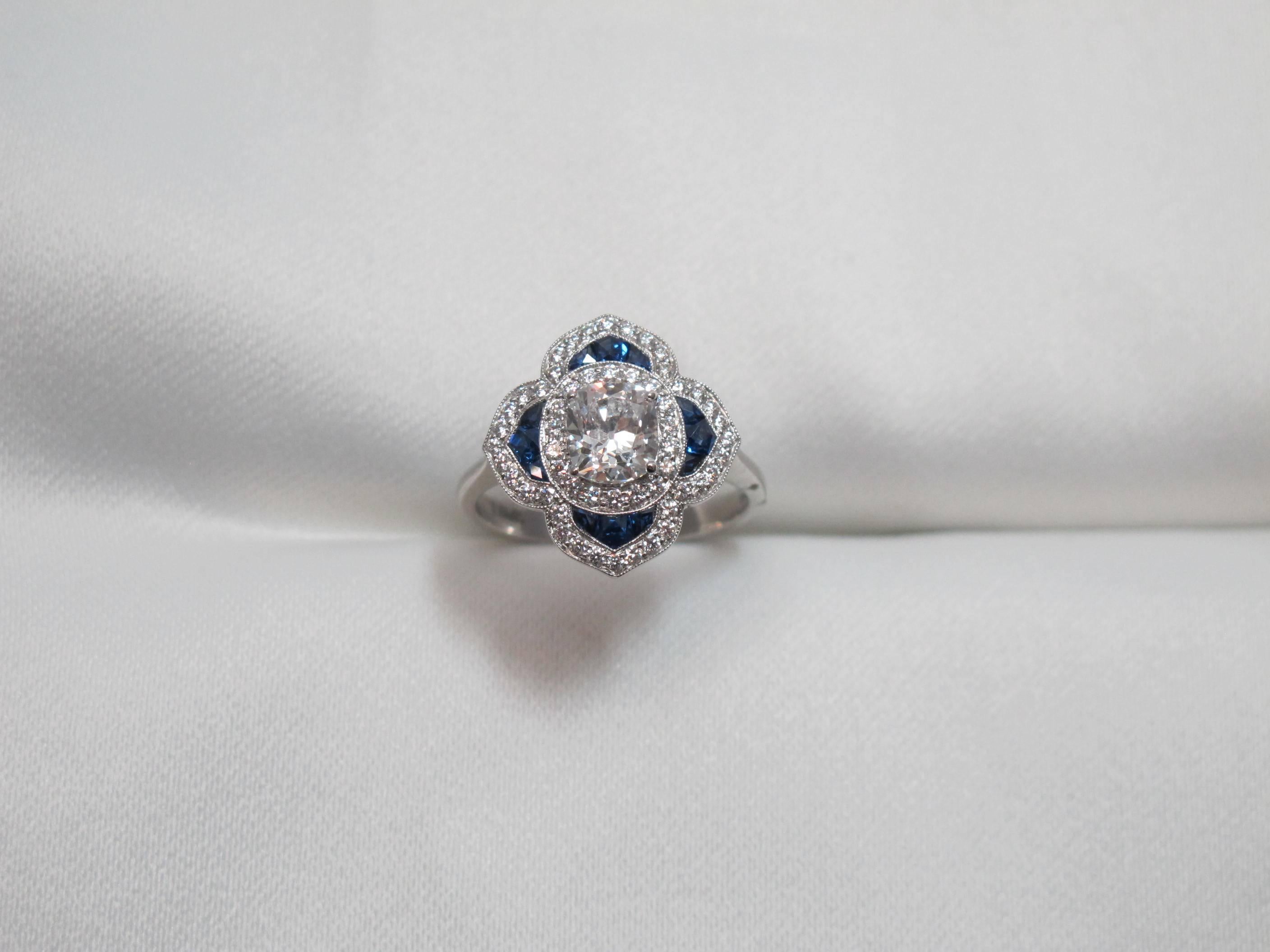 EGL Certified Cushion Cut Diamond and Sapphire Ring 2