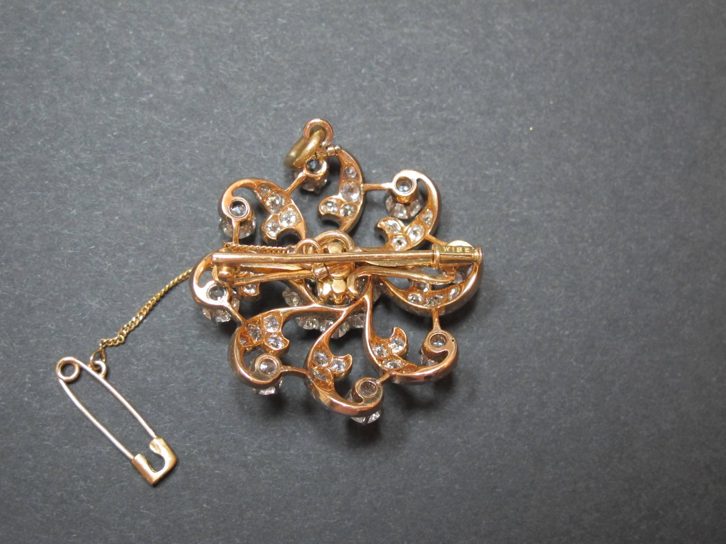 Diamond, Gold and Platinum Flower Pin For Sale 4