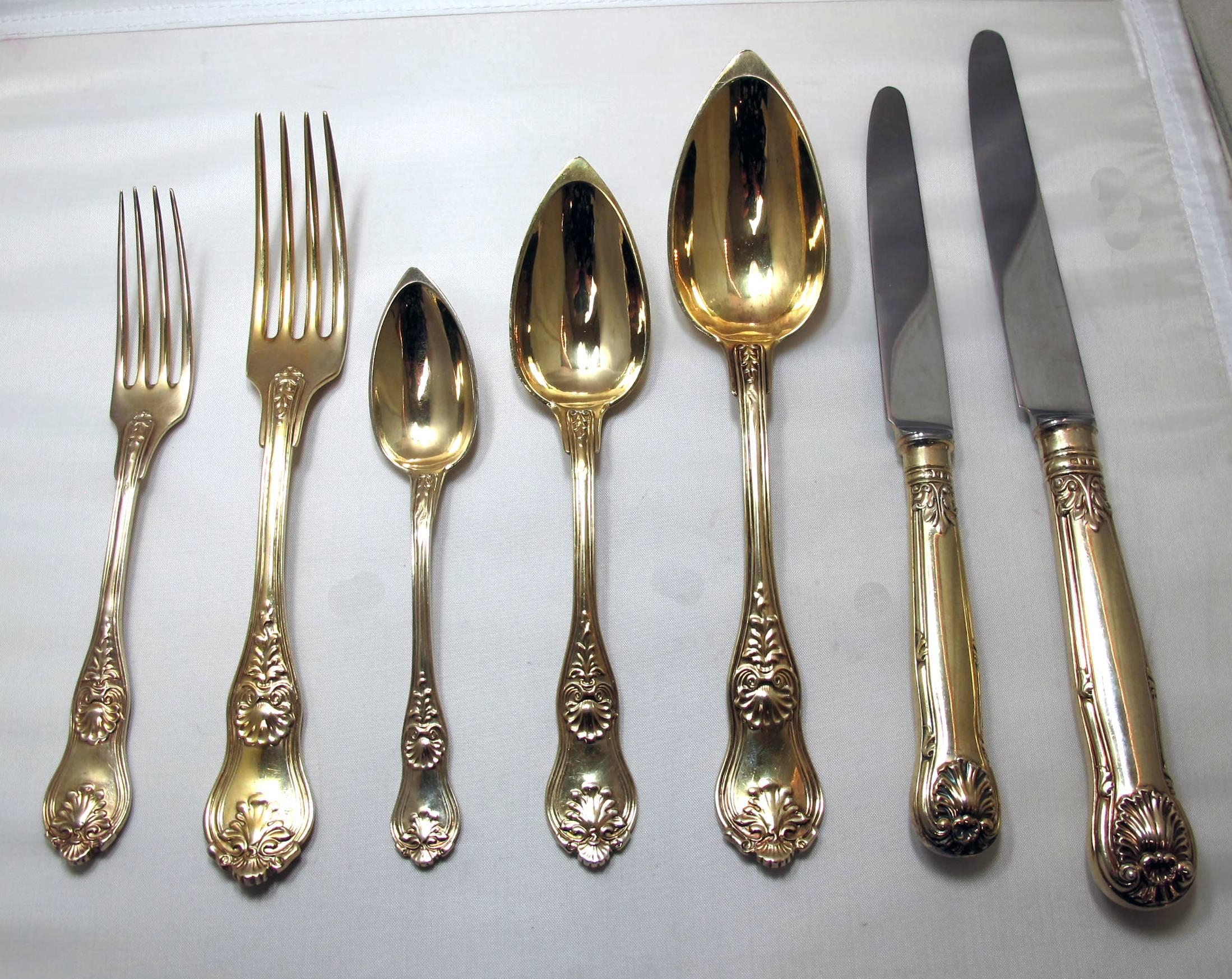 182 piece set of Vermeil 950 Silver French flatware. Knives are marked CJ Vander, the rest of the service is Maison Deniere from the mid 19th century. The service includes:
36 Dinner knives 
36 Dinner forks
36 Soup spoons
18 tea/coffee spoons
18 