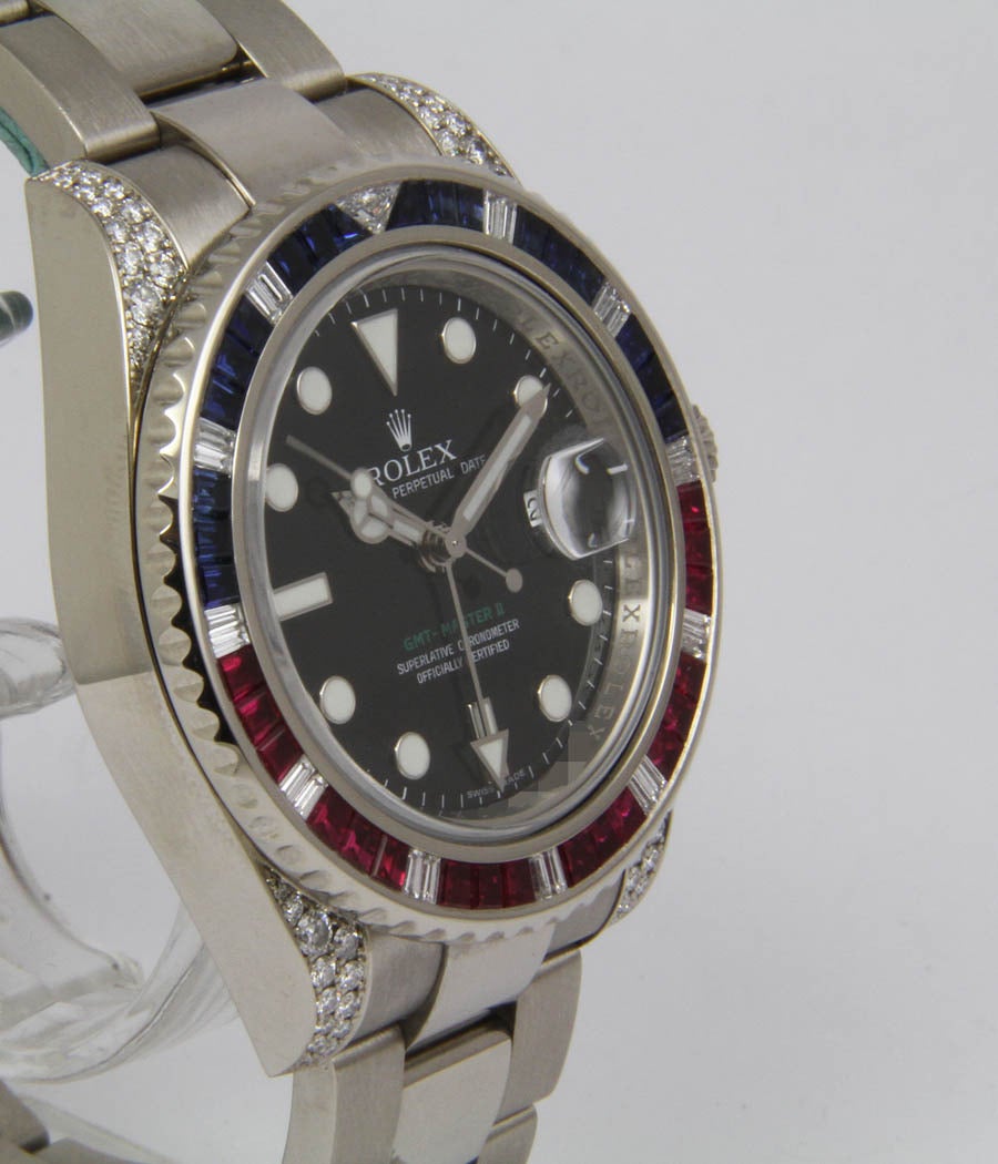 GMT
Ref. 116759 SARU
GMT II 
Diamonds, Sapphires & Rubies

Case
screwed case, white-gold, sapphire crystal, rotating bezel, screw-down crown, d=40mm 

Movement
caliber Rolex 3186, automatic, 24-hour-indicator, date, second time