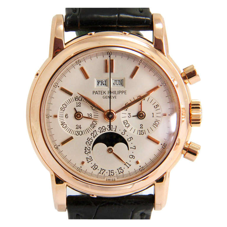 Patek Philippe Rose Gold Perpetual Calendar Chronograph Wristwatch Ref 3970R For Sale