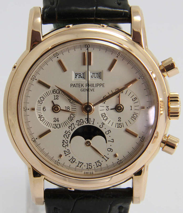 Patek Philippe
Ref. 3970R
Perpetual calendar chronograph

Case
18k rose gold, screwed back, sapphire crystal, 36mm

Movement
caliber PP Ch27 70 Q, manual wind, chronometer, seal of Geneva, chronograph, day date and month, perpetual calendar,