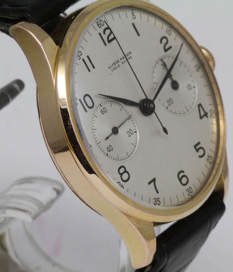 Ulysse Nardin
Chronograph

Case
18k rose gold, 37.5mm

Movement
caliber Valjoux 22, manual wind, chronograph

Dial
original dial and hands

Strap
croco leather strap, buckle

very nice condition
circa 1940